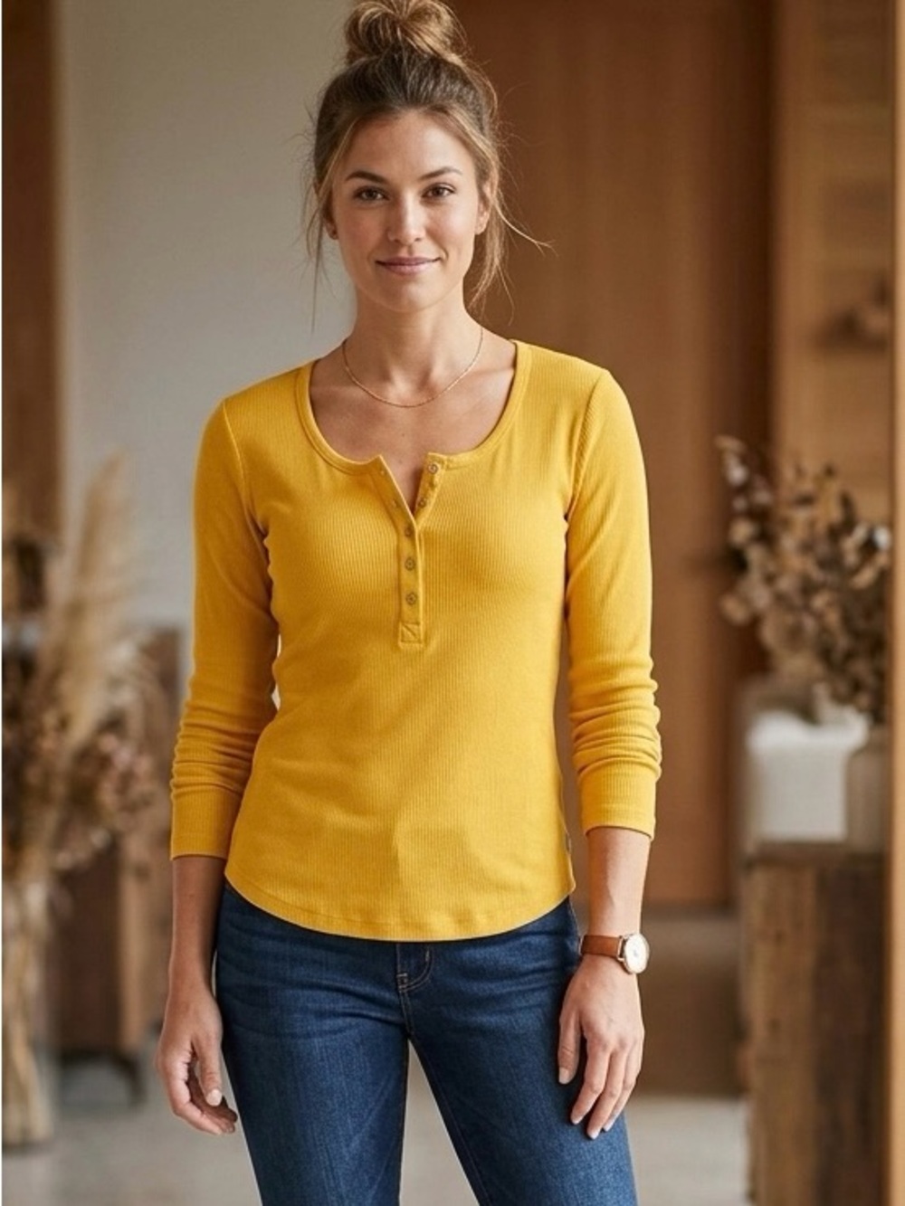 Eddie Bauer Fall Vibes Outdoors Casual Mustard Long-Sleeve Henley Women's Top XS